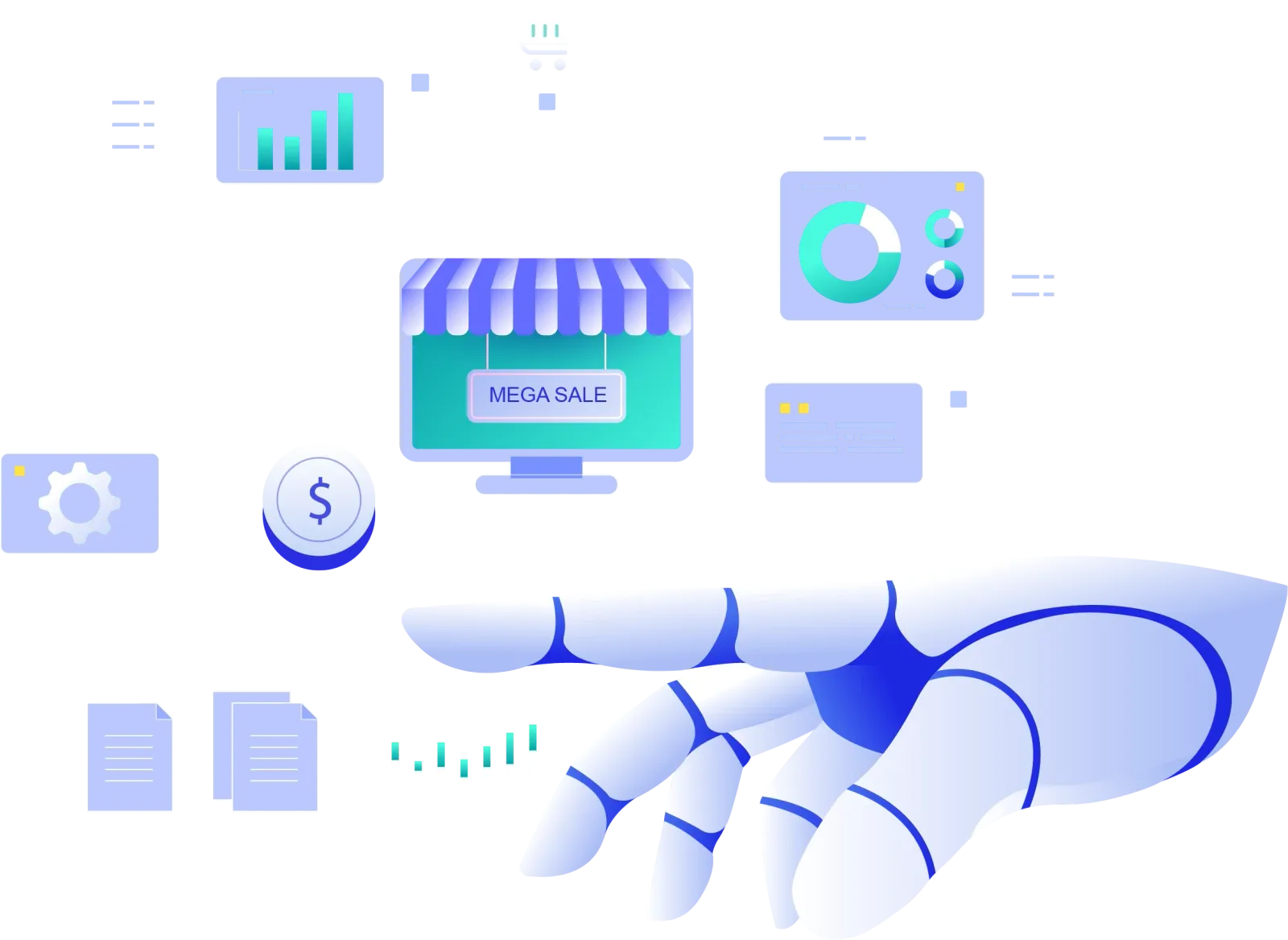Illustration of a robotic hand connecting an online store to dashboards, payments and reports