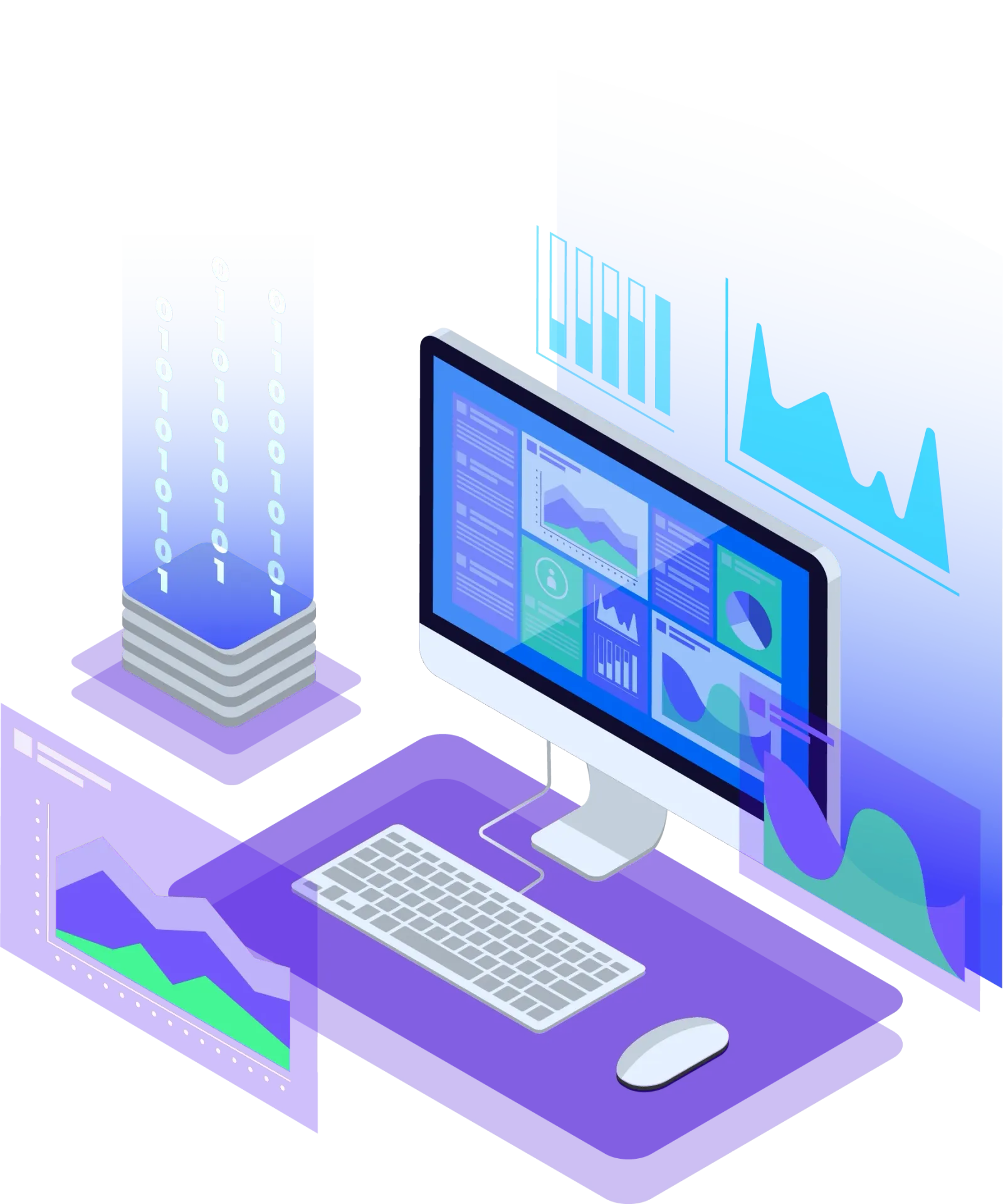 Illustration of an e-commerce analytics workstation with dashboards and data streams