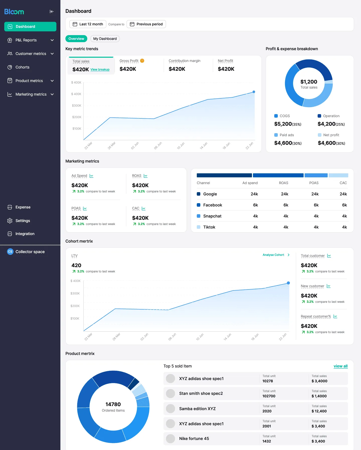 Bloom Analytics profit dashboard with net profit trends