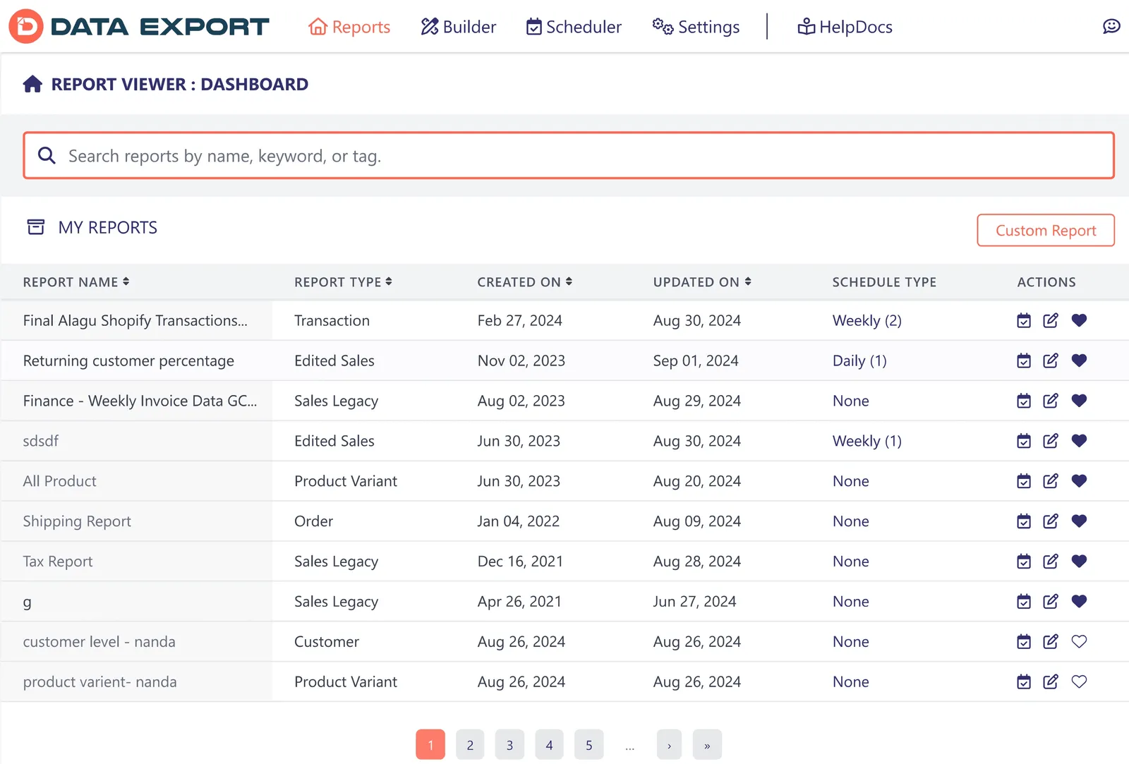 Data Export report viewer listing saved reports with their type, schedule and actions